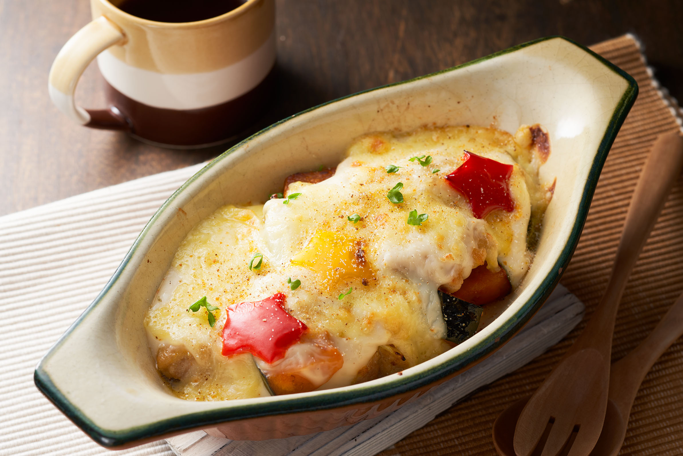 かぼちゃとチキンのスパイスグラタン出来上がり図